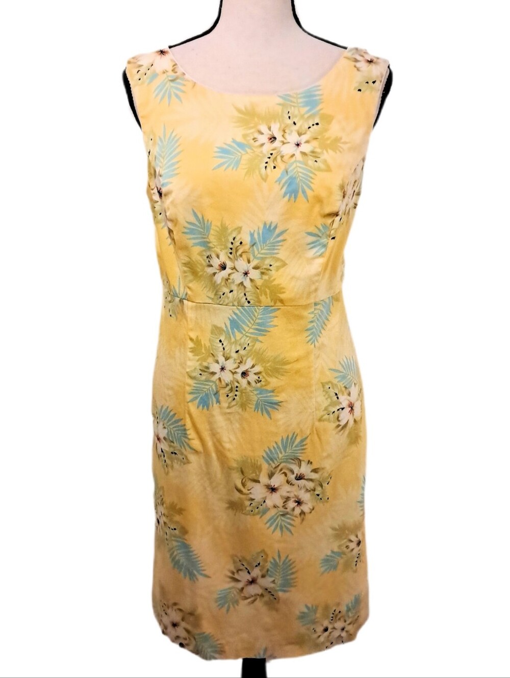 Vintage Erika Cotton Yellow Tropucal Print Cutout Back Detail Sun Dress Size 10